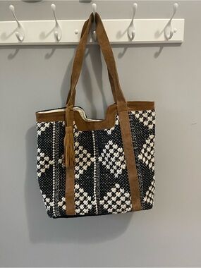Chloe‎ & Lex Camel Suede Leather Trimmed Black White Diamond Tote